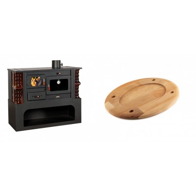 Set Küchenofen / Küchenhexe mit Backofen und Kochplatte Prity, Modell 1P34-K Maro Rechts, Keramikverkleidung, Leistung 10.1kW + Holz untersetzer für ovale platte Solagio HSOISK2533, 25x33cm - Kaminofen - Holzofen mit Backfach