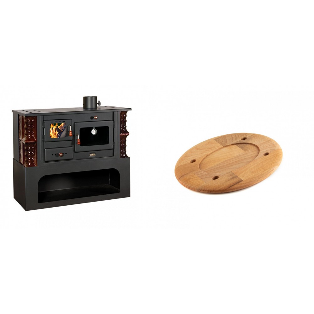 Set Küchenofen / Küchenhexe mit Backofen und Kochplatte Prity, Modell 1P34-K Maro Rechts, Keramikverkleidung, Leistung 10.1kW + Holz untersetzer für ovale platte Solagio HSOISK1728, 17x28cm