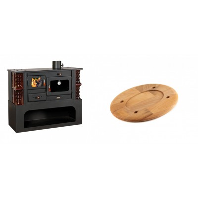 Set Küchenofen / Küchenhexe mit Backofen und Kochplatte Prity, Modell 1P34-K Maro Rechts, Keramikverkleidung, Leistung 10.1kW + Holz untersetzer für ovale platte Solagio HSOISK1728, 17x28cm - Kaminofen - Holzofen mit Backfach