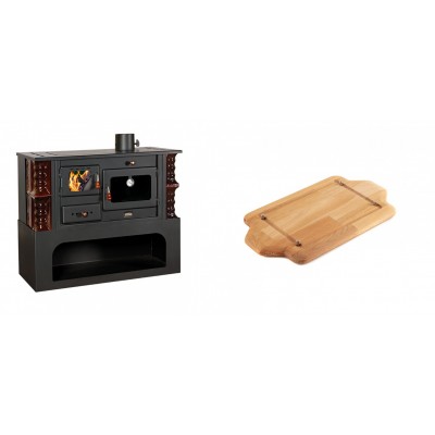 Set Küchenofen / Küchenhexe mit Backofen und Kochplatte Prity, Modell 1P34-K Maro Rechts, Keramikverkleidung, Leistung 10.1kW + Holz untersetzer für mini-gusseisenplatte Solagio HSDDHP1522 - Kaminofen - Holzofen mit Backfach