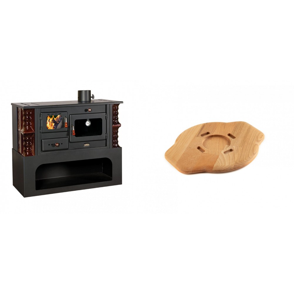 Set Küchenofen / Küchenhexe mit Backofen und Kochplatte Prity, Modell 1P34-K Maro Rechts, Keramikverkleidung, Leistung 10.1kW + Holz untersetzer für gusseisenplatte Solagio HSYSAK20