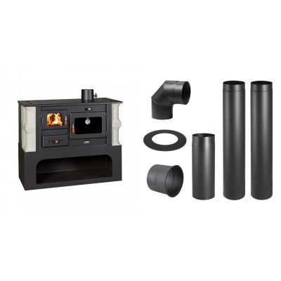 Set Küchenofen / Küchenhexe mit Backofen und Kochplatte Prity, Modell 1P34-K Alba Rechts, Keramikverkleidung, Leistung 10.1kW + Schornstein Bausatz PARKANEX, Stahl Ø130, Dicke 2mm - Kaminofen - Holzofen mit Backfach