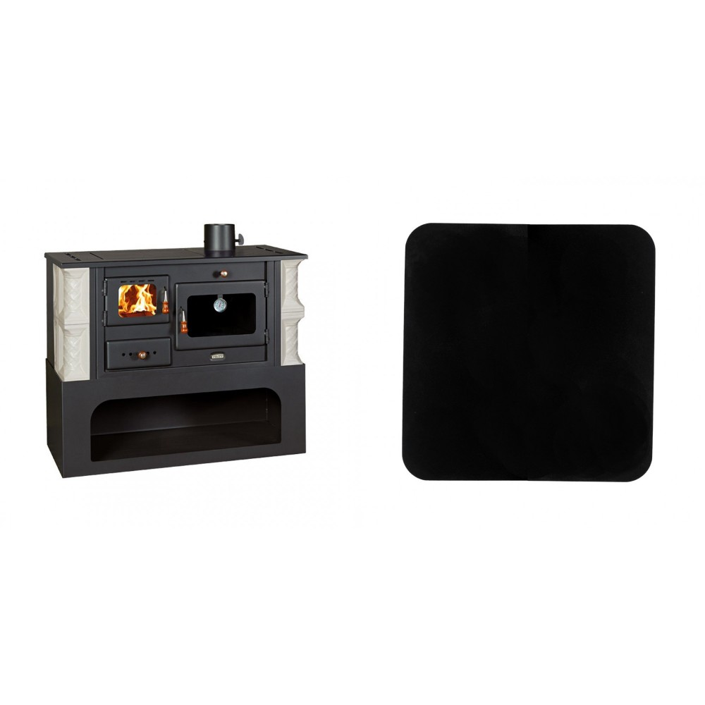 Set Küchenofen / Küchenhexe mit Backofen und Kochplatte Prity, Modell 1P34-K Alba Rechts, Keramikverkleidung, Leistung 10.1kW + Funkenschutzplatte Stahl 2mm, Größe 98x98cm