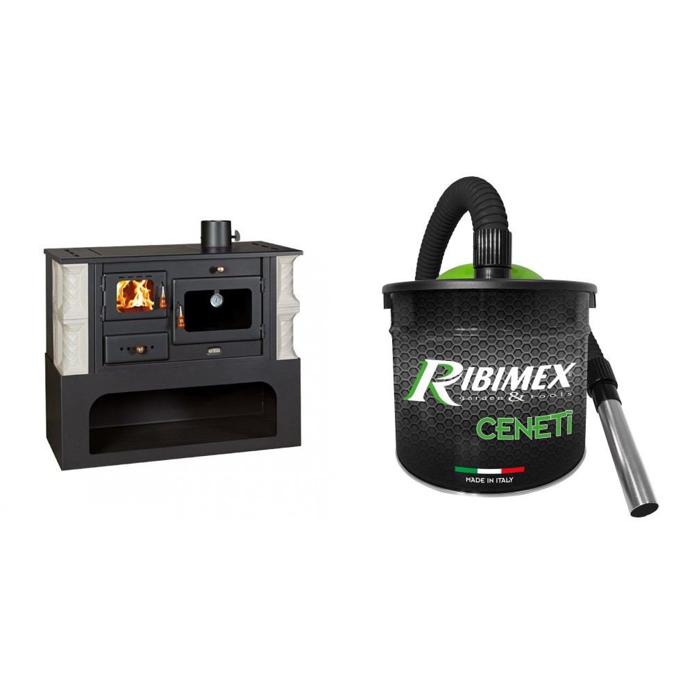 Set Küchenofen / Küchenhexe mit Backofen und Kochplatte Prity, Modell 1P34-K Alba Rechts, Keramikverkleidung, Leistung 10.1kW + Elektrischer Aschesauger Ribimex, Modell Cenetì, Fassungsvermögen 15 L | Küchenofen / Küchenhexe Prity | Kaminofen |