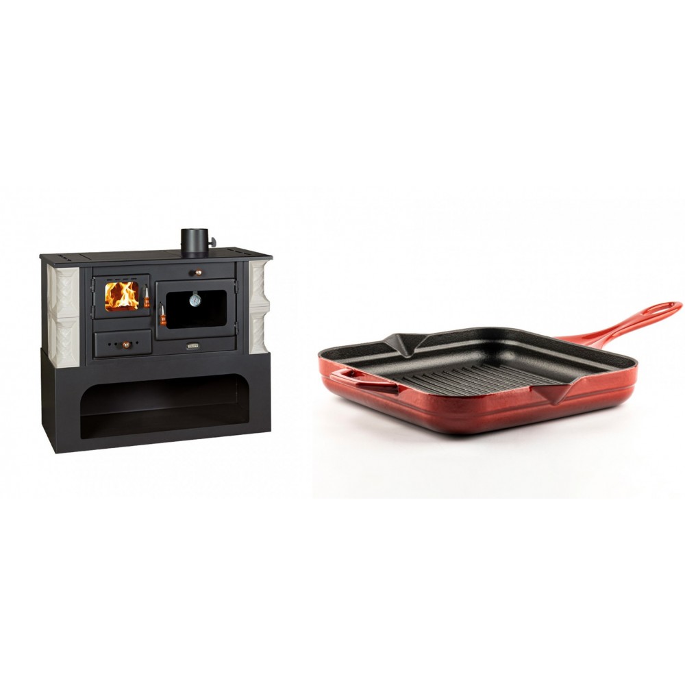 Set Küchenofen / Küchenhexe mit Backofen und Kochplatte Prity, Modell 1P34-K Alba Rechts, Keramikverkleidung, Leistung 10.1kW + Emaillierte grillpfanne Gusseisen Solagio, Rubin, 28x28cm