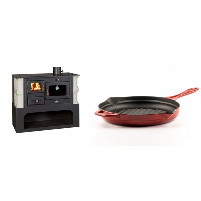 Set Küchenofen / Küchenhexe mit Backofen und Kochplatte Prity, Modell 1P34-K Alba Rechts, Keramikverkleidung, Leistung 10.1kW + Emaillierte grillpfanne Gusseisen Solagio, Rubin, Ф28cm - Kaminofen - Holzofen mit Backfach