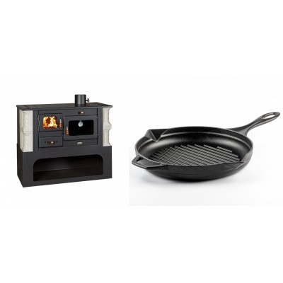 Set Küchenofen / Küchenhexe mit Backofen und Kochplatte Prity, Modell 1P34-K Alba Rechts, Keramikverkleidung, Leistung 10.1kW + Emaillierte grillpfanne Gusseisen Solagio, Black Onyx, Ф28cm - Kaminofen - Holzofen mit Backfach