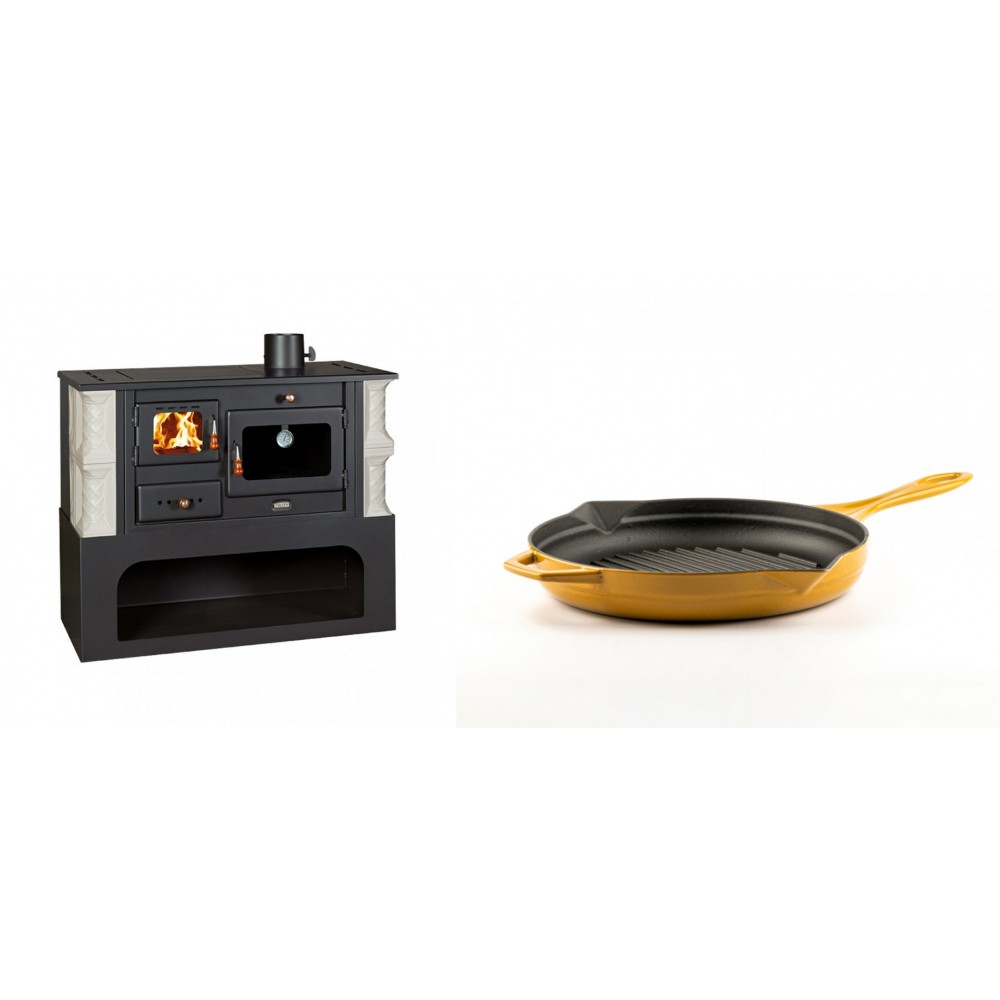 Set Küchenofen / Küchenhexe mit Backofen und Kochplatte Prity, Modell 1P34-K Alba Rechts, Keramikverkleidung, Leistung 10.1kW + Emaillierte grillpfanne Gusseisen Solagio, Dijon, Ф24cm