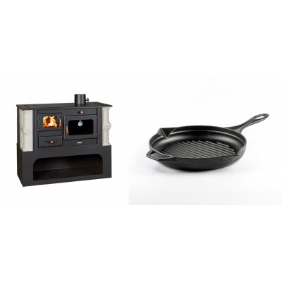 Set Küchenofen / Küchenhexe mit Backofen und Kochplatte Prity, Modell 1P34-K Alba Rechts, Keramikverkleidung, Leistung 10.1kW + Emaillierte grillpfanne Gusseisen Solagio, Black Onyx, Ф24cm - Kaminofen - Holzofen mit Backfach