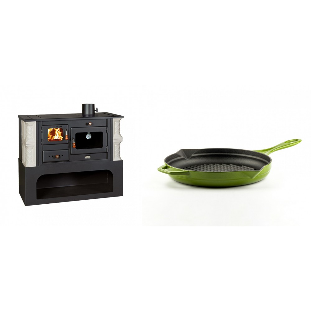 Set Küchenofen / Küchenhexe mit Backofen und Kochplatte Prity, Modell 1P34-K Alba Rechts, Keramikverkleidung, Leistung 10.1kW + Emaillierte grillpfanne Gusseisen Solagio, Bamboo, Ф24cm