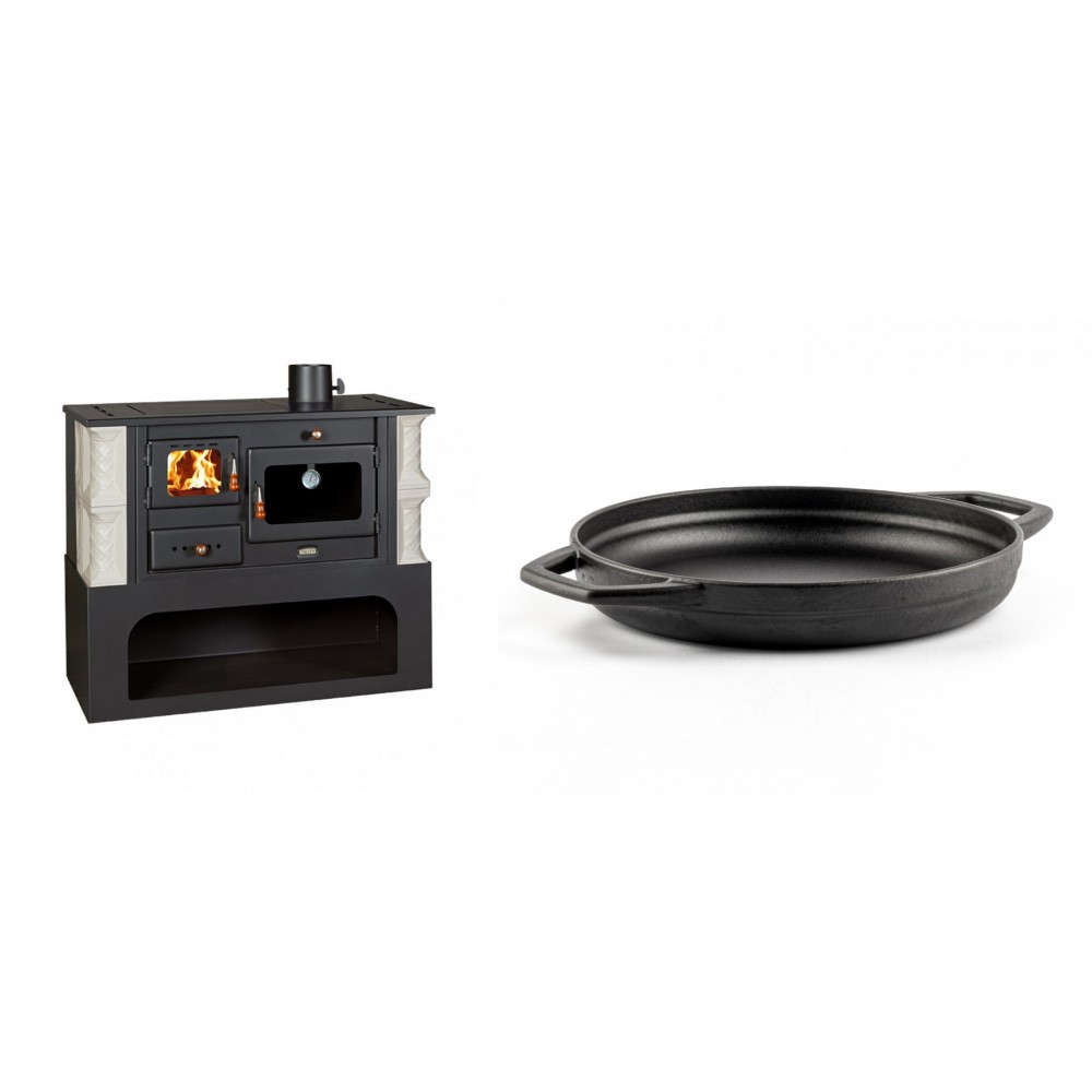 Set Küchenofen / Küchenhexe mit Backofen und Kochplatte Prity, Modell 1P34-K Alba Rechts, Keramikverkleidung, Leistung 10.1kW + Emaillierte gusseisenpfanne mit zwei Griffen Solagio, Black Onyx, Ф22cm | Kaminofen - Holzofen mit Backfach | Kaminofen |