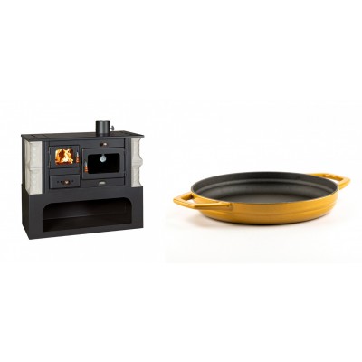 Set Küchenofen / Küchenhexe mit Backofen und Kochplatte Prity, Modell 1P34-K Alba Rechts, Keramikverkleidung, Leistung 10.1kW + Emaillierte gusseisenpfanne mit zwei Griffen Solagio, Dijon, Ф22cm - Kaminofen - Holzofen mit Backfach