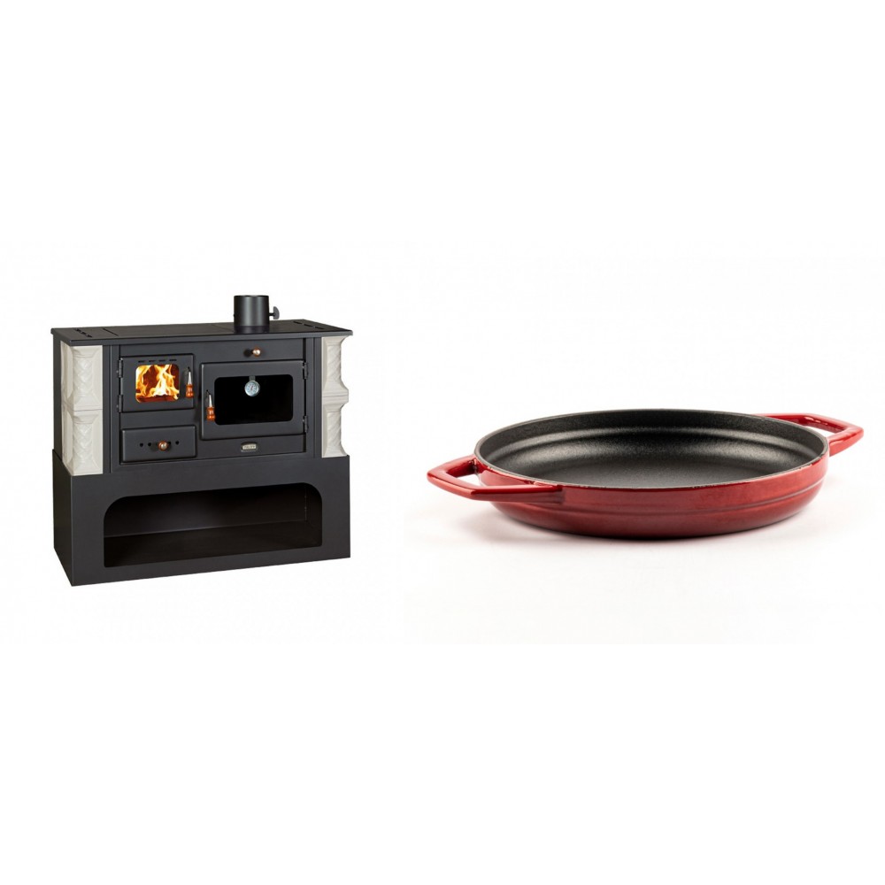 Set Küchenofen / Küchenhexe mit Backofen und Kochplatte Prity, Modell 1P34-K Alba Rechts, Keramikverkleidung, Leistung 10.1kW + Emaillierte gusseisenpfanne mit zwei Griffen Solagio, Rubin, Ф22cm | Kaminofen - Holzofen mit Backfach | Kaminofen |