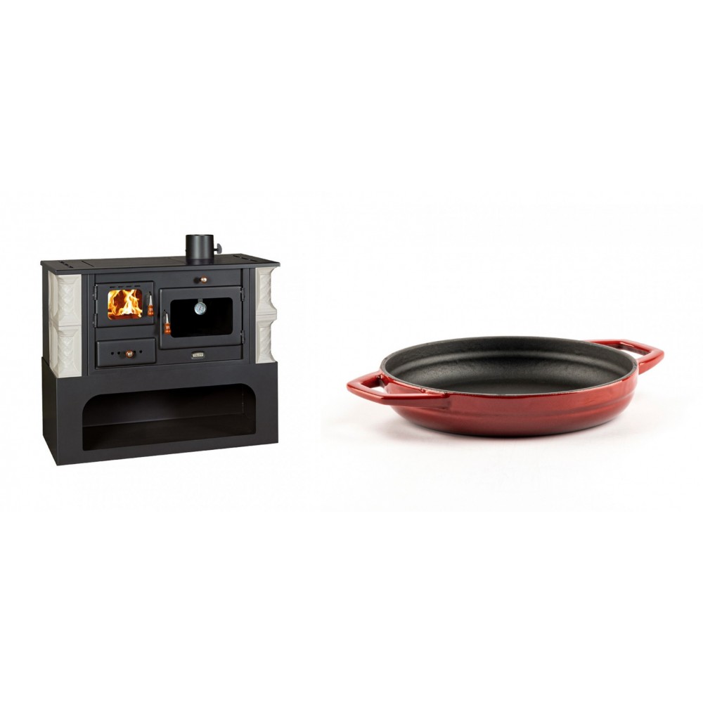 Set Küchenofen / Küchenhexe mit Backofen und Kochplatte Prity, Modell 1P34-K Alba Rechts, Keramikverkleidung, Leistung 10.1kW + Emaillierte gusseisenpfanne mit zwei Griffen Solagio, Rubin, Ф19cm | Kaminofen - Holzofen mit Backfach | Kaminofen |