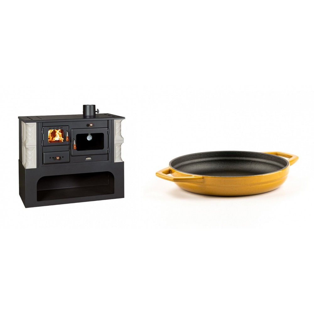 Set Küchenofen / Küchenhexe mit Backofen und Kochplatte Prity, Modell 1P34-K Alba Rechts, Keramikverkleidung, Leistung 10.1kW + Emaillierte gusseisenpfanne mit zwei Griffen Solagio, Dijon, Ф19cm