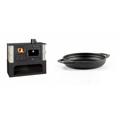 Set Küchenofen / Küchenhexe mit Backofen und Kochplatte Prity, Modell 1P34-K Alba Rechts, Keramikverkleidung, Leistung 10.1kW + Emaillierte gusseisenpfanne mit zwei Griffen Solagio, Black Onyx, Ф19cm - Kaminofen - Holzofen mit Backfach