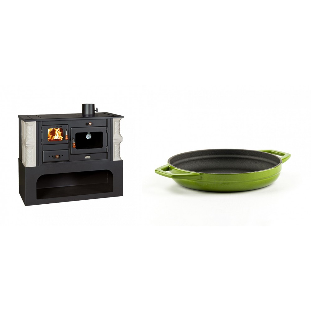 Set Küchenofen / Küchenhexe mit Backofen und Kochplatte Prity, Modell 1P34-K Alba Rechts, Keramikverkleidung, Leistung 10.1kW + Emaillierte gusseisenpfanne mit zwei Griffen Solagio, Bamboo, Ф19cm