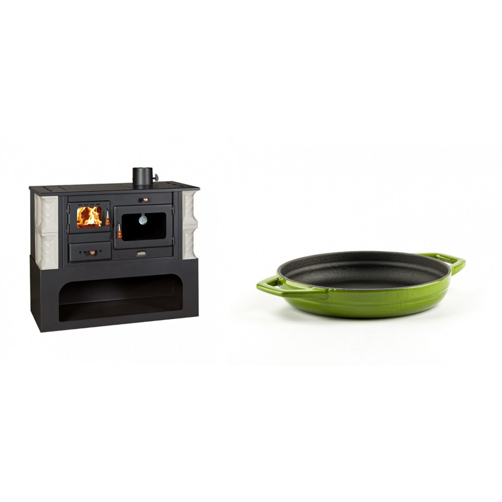 Set Küchenofen / Küchenhexe mit Backofen und Kochplatte Prity, Modell 1P34-K Alba Rechts, Keramikverkleidung, Leistung 10.1kW + Emaillierte gusseisenpfanne mit zwei Griffen Solagio, Bamboo, Ф16cm | Kaminofen - Holzofen mit Backfach | Kaminofen |