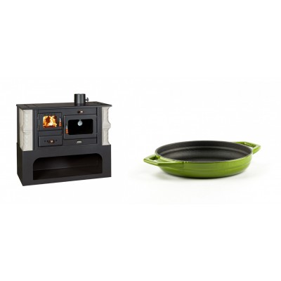 Set Küchenofen / Küchenhexe mit Backofen und Kochplatte Prity, Modell 1P34-K Alba Rechts, Keramikverkleidung, Leistung 10.1kW + Emaillierte gusseisenpfanne mit zwei Griffen Solagio, Bamboo, Ф16cm - Kaminofen - Holzofen mit Backfach