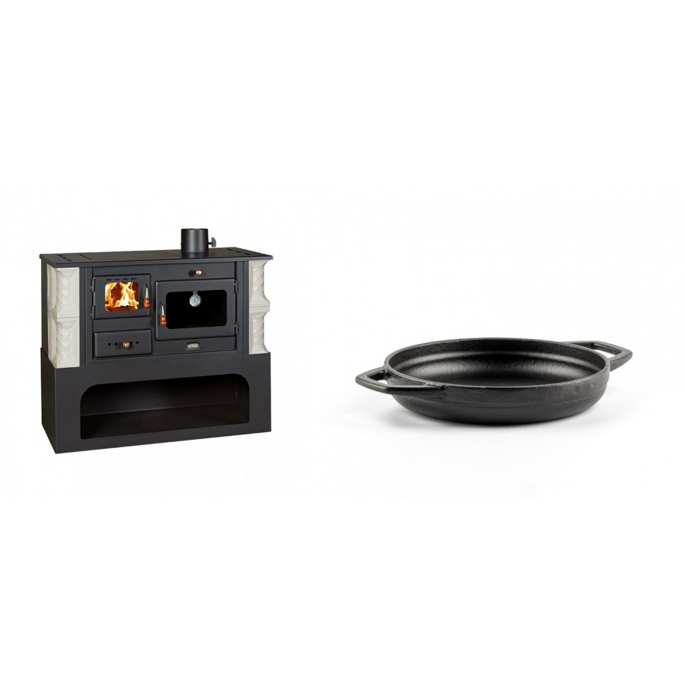 Set Küchenofen / Küchenhexe mit Backofen und Kochplatte Prity, Modell 1P34-K Alba Rechts, Keramikverkleidung, Leistung 10.1kW + Emaillierte gusseisenpfanne mit zwei Griffen Solagio, Black Onyx, Ф16cm | Kaminofen - Holzofen mit Backfach | Kaminofen |