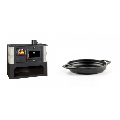 Set Küchenofen / Küchenhexe mit Backofen und Kochplatte Prity, Modell 1P34-K Alba Rechts, Keramikverkleidung, Leistung 10.1kW + Emaillierte gusseisenpfanne mit zwei Griffen Solagio, Black Onyx, Ф16cm - Kaminofen - Holzofen mit Backfach