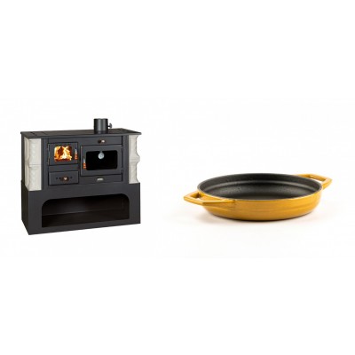 Set Küchenofen / Küchenhexe mit Backofen und Kochplatte Prity, Modell 1P34-K Alba Rechts, Keramikverkleidung, Leistung 10.1kW + Emaillierte gusseisenpfanne mit zwei Griffen Solagio, Dijon, Ф16cm - Kaminofen - Holzofen mit Backfach