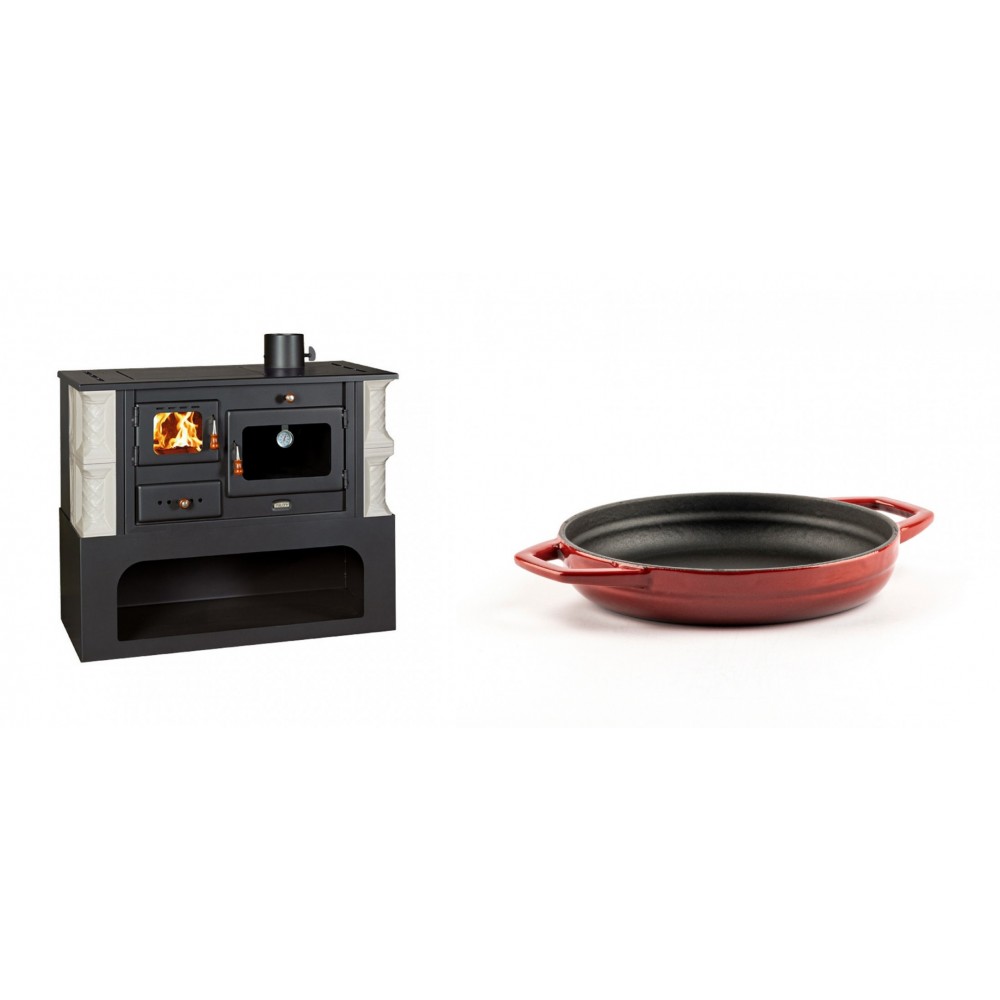 Set Küchenofen / Küchenhexe mit Backofen und Kochplatte Prity, Modell 1P34-K Alba Rechts, Keramikverkleidung, Leistung 10.1kW + Emaillierte gusseisenpfanne mit zwei Griffen Solagio, Rubin, Ф16cm | Kaminofen - Holzofen mit Backfach | Kaminofen |