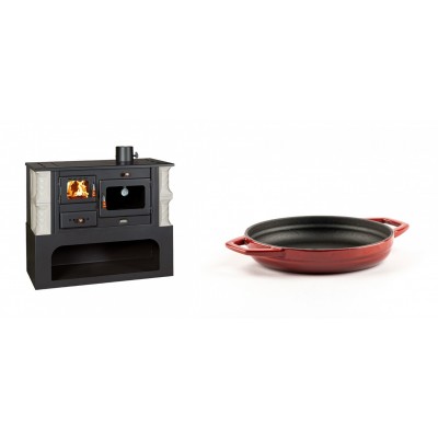 Set Küchenofen / Küchenhexe mit Backofen und Kochplatte Prity, Modell 1P34-K Alba Rechts, Keramikverkleidung, Leistung 10.1kW + Emaillierte gusseisenpfanne mit zwei Griffen Solagio, Rubin, Ф16cm - Kaminofen - Holzofen mit Backfach