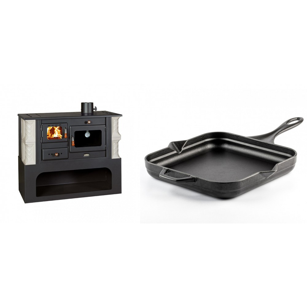 Set Küchenofen / Küchenhexe mit Backofen und Kochplatte Prity, Modell 1P34-K Alba Rechts, Keramikverkleidung, Leistung 10.1kW + Emaillierte Gusseisenpfanne Solagio, Black Onyx, 28x28cm
