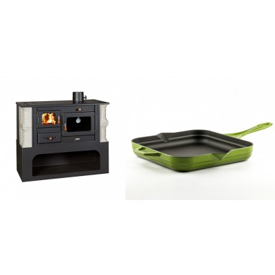 Set Küchenofen / Küchenhexe mit Backofen und Kochplatte Prity, Modell 1P34-K Alba Rechts, Keramikverkleidung, Leistung 10.1kW + Emaillierte Gusseisenpfanne Solagio, Bamboo, 28x28cm - Kaminofen - Holzofen mit Backfach