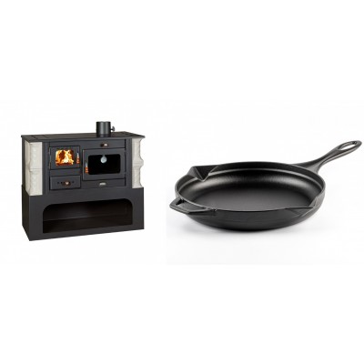 Set Küchenofen / Küchenhexe mit Backofen und Kochplatte Prity, Modell 1P34-K Alba Rechts, Keramikverkleidung, Leistung 10.1kW + Emaillierte Gusseisenpfanne Solagio, Black Onyx, Ф28cm - Kaminofen - Holzofen mit Backfach