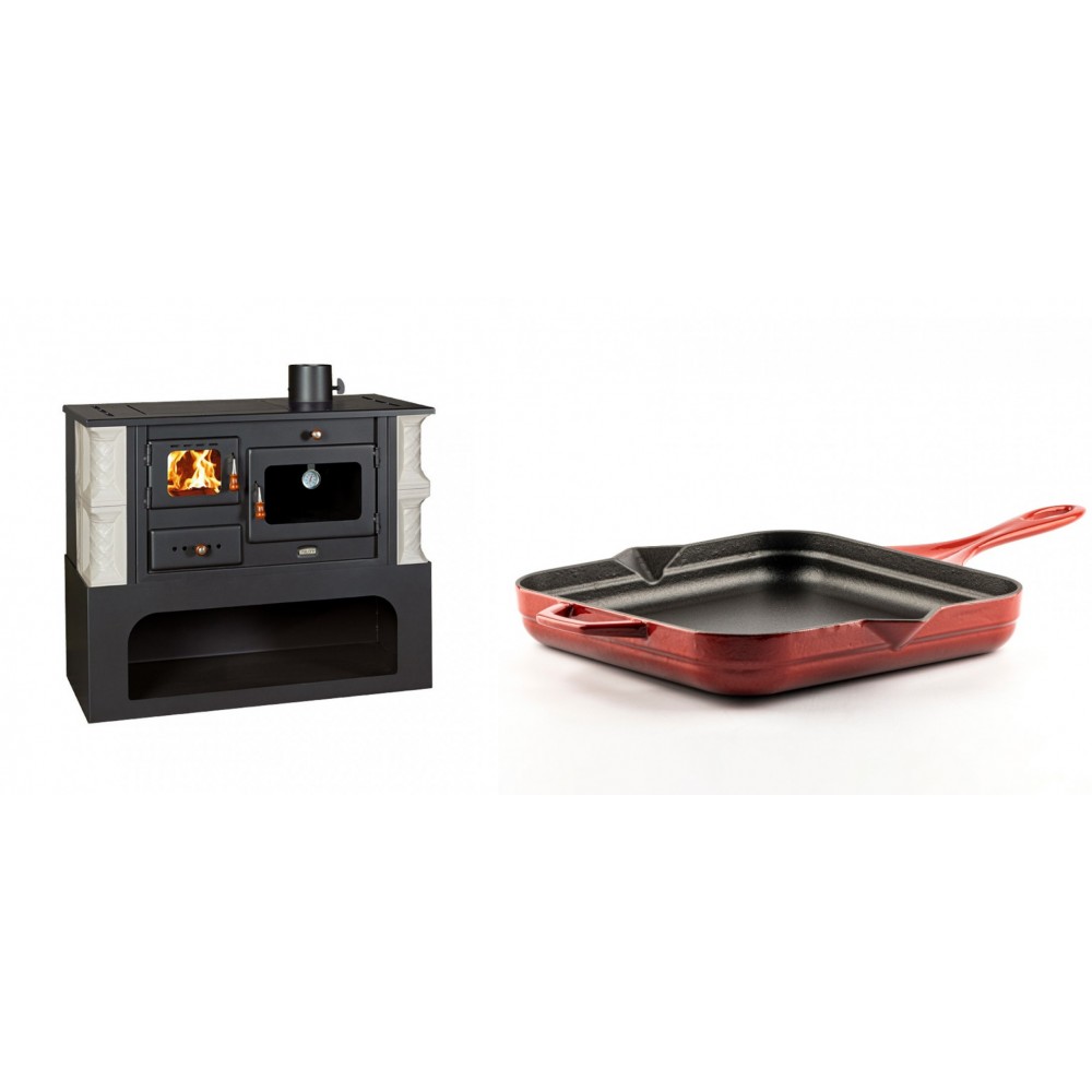 Set Küchenofen / Küchenhexe mit Backofen und Kochplatte Prity, Modell 1P34-K Alba Rechts, Keramikverkleidung, Leistung 10.1kW + Emaillierte Gusseisenpfanne Solagio, Rubin, 28x28cm