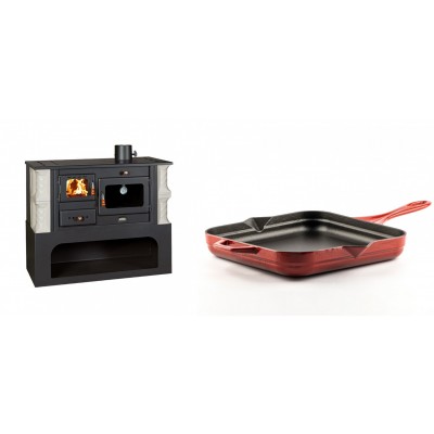 Set Küchenofen / Küchenhexe mit Backofen und Kochplatte Prity, Modell 1P34-K Alba Rechts, Keramikverkleidung, Leistung 10.1kW + Emaillierte Gusseisenpfanne Solagio, Rubin, 28x28cm - Kaminofen - Holzofen mit Backfach