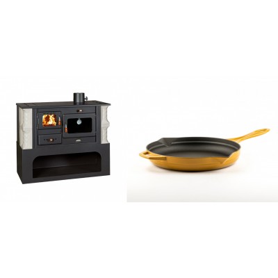 Set Küchenofen / Küchenhexe mit Backofen und Kochplatte Prity, Modell 1P34-K Alba Rechts, Keramikverkleidung, Leistung 10.1kW + Emaillierte Gusseisenpfanne Solagio, Dijon, Ф24cm - Kaminofen - Holzofen mit Backfach