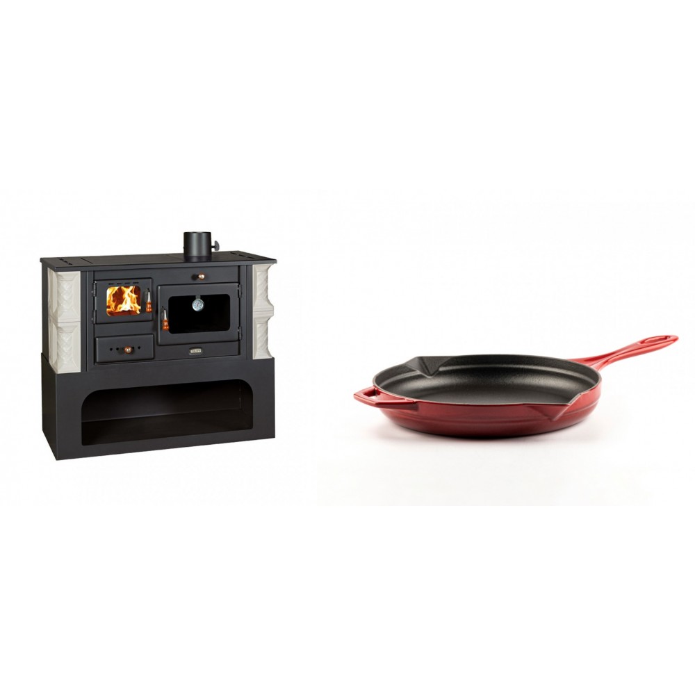 Set Küchenofen / Küchenhexe mit Backofen und Kochplatte Prity, Modell 1P34-K Alba Rechts, Keramikverkleidung, Leistung 10.1kW + Emaillierte Gusseisenpfanne Solagio, Rubin, Ф24cm | Kaminofen - Holzofen mit Backfach | Kaminofen |