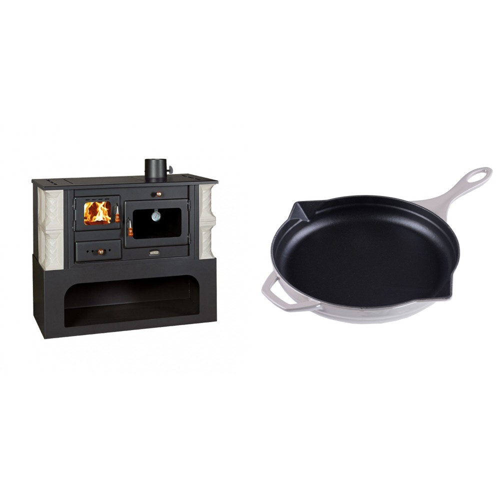 Set Küchenofen / Küchenhexe mit Backofen und Kochplatte Prity, Modell 1P34-K Alba Rechts, Keramikverkleidung, Leistung 10.1kW + Emaillierte Gusseisenpfanne Solagio, Ivory, Ф28cm