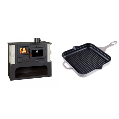 Set Küchenofen / Küchenhexe mit Backofen und Kochplatte Prity, Modell 1P34-K Alba Rechts, Keramikverkleidung, Leistung 10.1kW + Emaillierte grillpfanne Gusseisen Solagio, Ivory, 28x28cm - Kaminofen - Holzofen mit Backfach