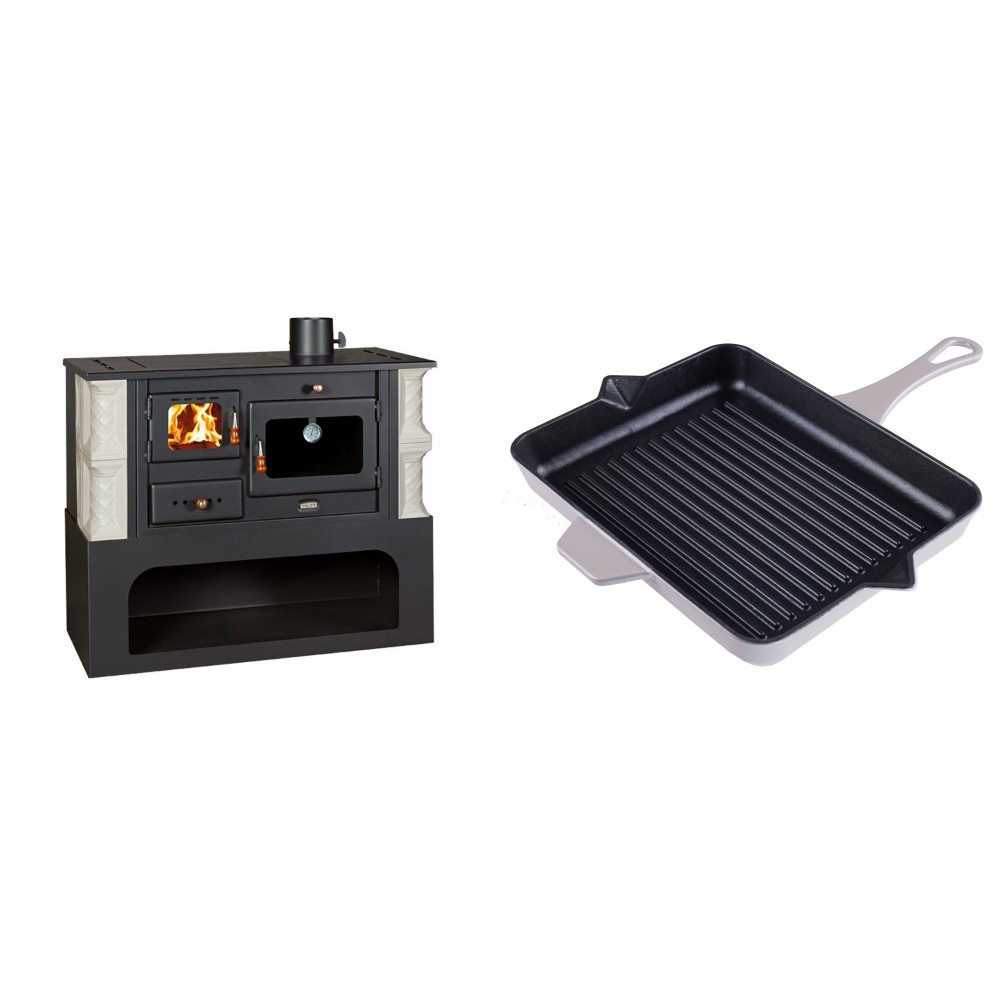 Set Küchenofen / Küchenhexe mit Backofen und Kochplatte Prity, Modell 1P34-K Alba Rechts, Keramikverkleidung, Leistung 10.1kW + Emaillierte grillpfanne Gusseisen Solagio, Ivory, 26x32cm