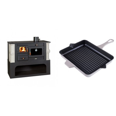 Set Küchenofen / Küchenhexe mit Backofen und Kochplatte Prity, Modell 1P34-K Alba Rechts, Keramikverkleidung, Leistung 10.1kW + Emaillierte grillpfanne Gusseisen Solagio, Ivory, 26x32cm - Kaminofen - Holzofen mit Backfach