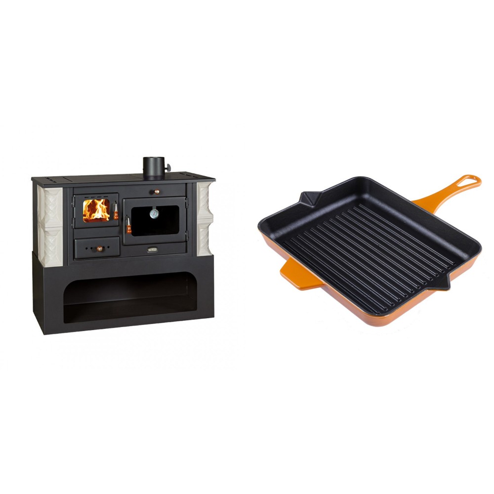 Set Küchenofen / Küchenhexe mit Backofen und Kochplatte Prity, Modell 1P34-K Alba Rechts, Keramikverkleidung, Leistung 10.1kW + Emaillierte grillpfanne Gusseisen Solagio, Dijon, 26x32cm | Kaminofen - Holzofen mit Backfach | Kaminofen |