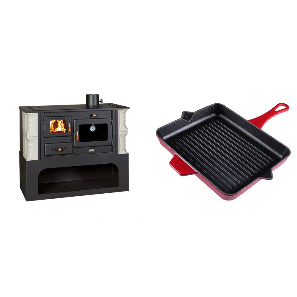 Set Küchenofen / Küchenhexe mit Backofen und Kochplatte Prity, Modell 1P34-K Alba Rechts, Keramikverkleidung, Leistung 10.1kW + Emaillierte grillpfanne Gusseisen Solagio, Rubin, 26x32cm | Kaminofen - Holzofen mit Backfach | Kaminofen |