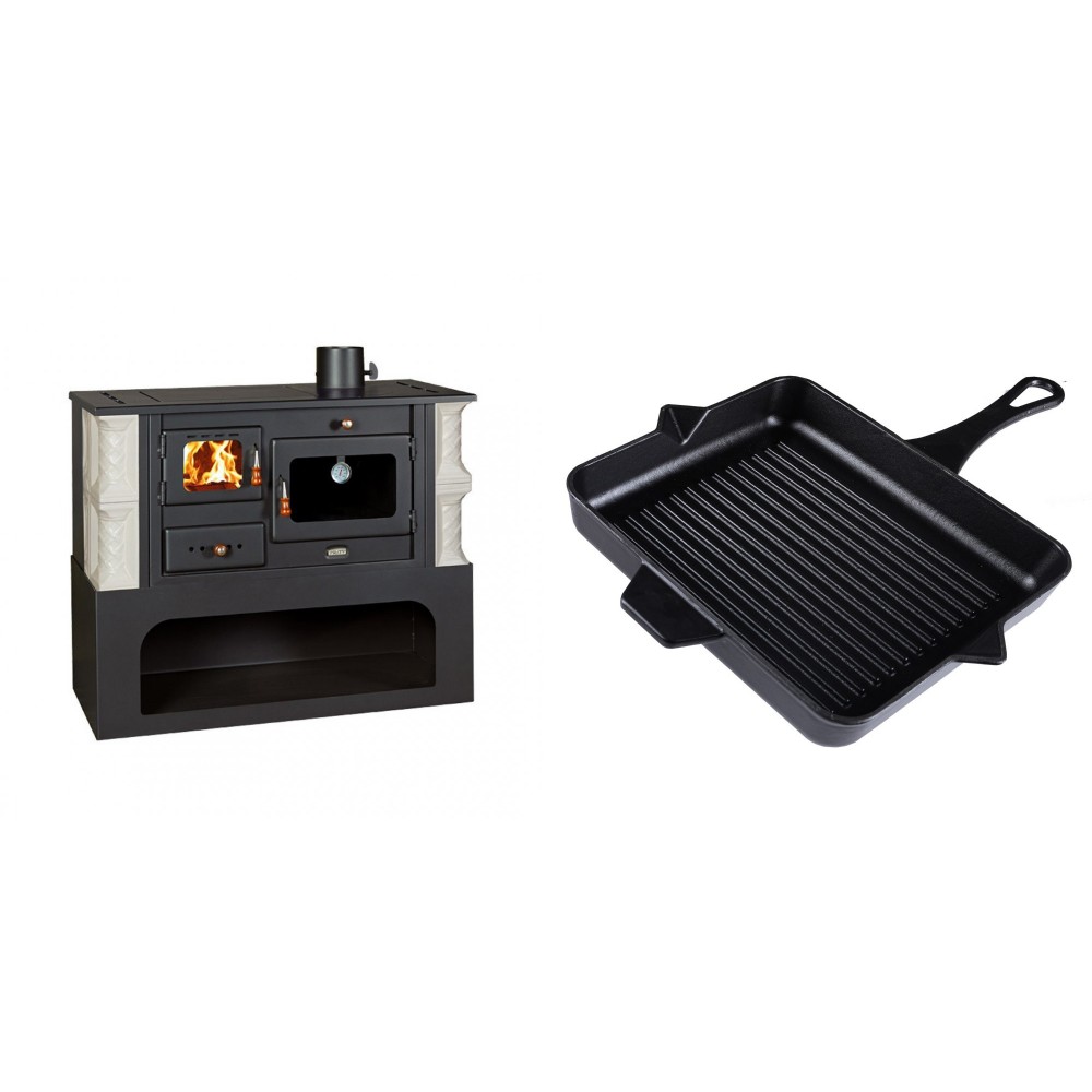 Set Küchenofen / Küchenhexe mit Backofen und Kochplatte Prity, Modell 1P34-K Alba Rechts, Keramikverkleidung, Leistung 10.1kW + Emaillierte grillpfanne Gusseisen Solagio, Black Onyx, 26x32cm | Kaminofen - Holzofen mit Backfach | Kaminofen |