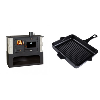 Set Küchenofen / Küchenhexe mit Backofen und Kochplatte Prity, Modell 1P34-K Alba Rechts, Keramikverkleidung, Leistung 10.1kW + Emaillierte grillpfanne Gusseisen Solagio, Black Onyx, 26x32cm - Kaminofen - Holzofen mit Backfach
