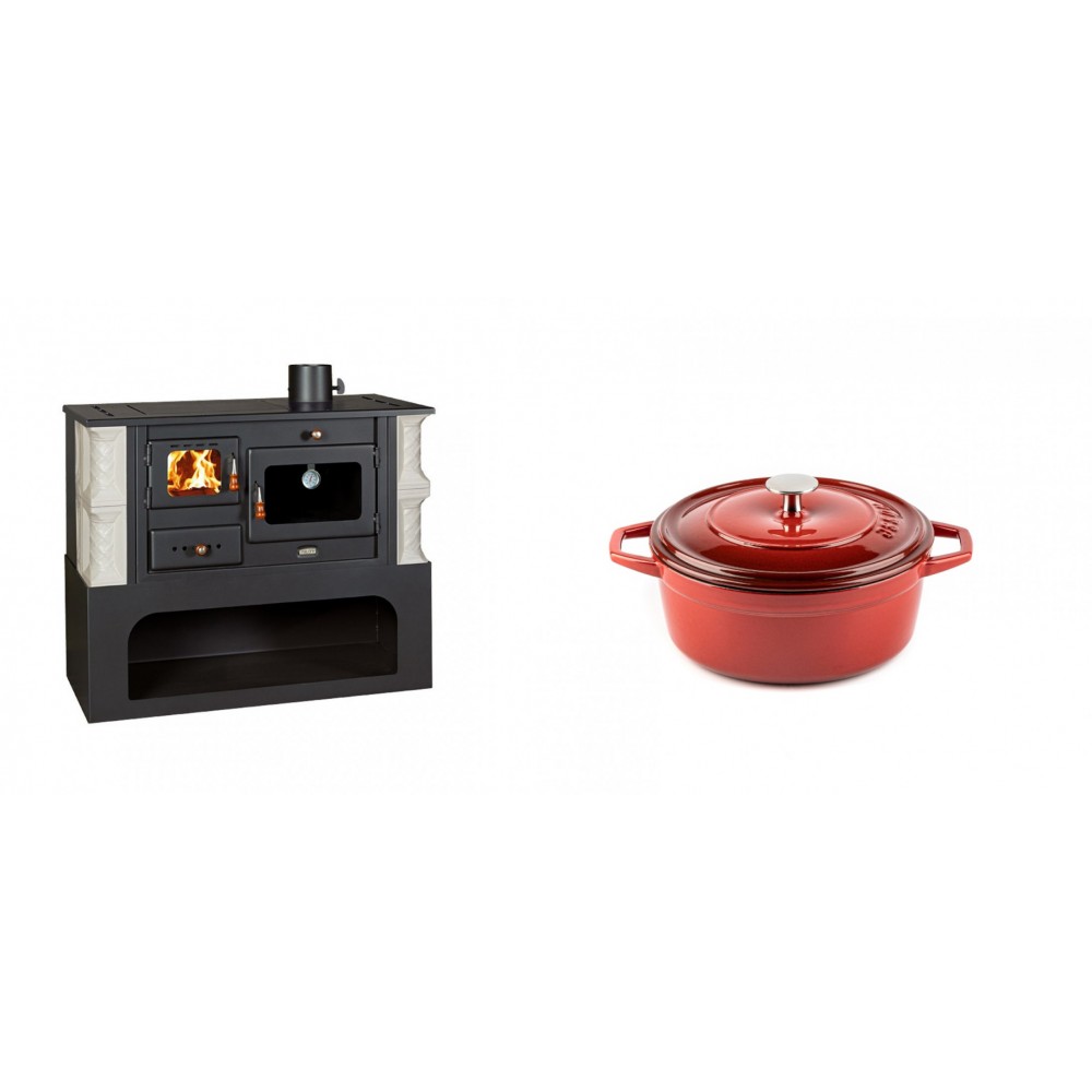 Set Küchenofen / Küchenhexe mit Backofen und Kochplatte Prity, Modell 1P34-K Alba Rechts, Keramikverkleidung, Leistung 10.1kW + Gusseisen Topf Tiefer Solagio, Rubin, Ф12