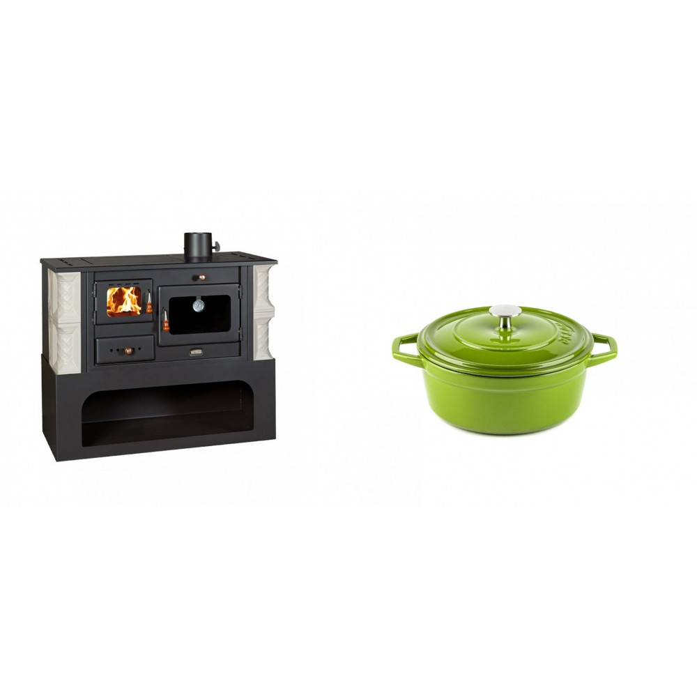 Set Küchenofen / Küchenhexe mit Backofen und Kochplatte Prity, Modell 1P34-K Alba Rechts, Keramikverkleidung, Leistung 10.1kW + Gusseisen Topf Tiefer Solagio, Bamboo, Ф12 | Kaminofen - Holzofen mit Backfach | Kaminofen |