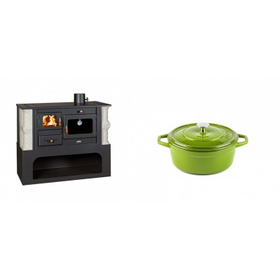 Set Küchenofen / Küchenhexe mit Backofen und Kochplatte Prity, Modell 1P34-K Alba Rechts, Keramikverkleidung, Leistung 10.1kW + Gusseisen Topf Tiefer Solagio, Bamboo, Ф12 - Kaminofen - Holzofen mit Backfach