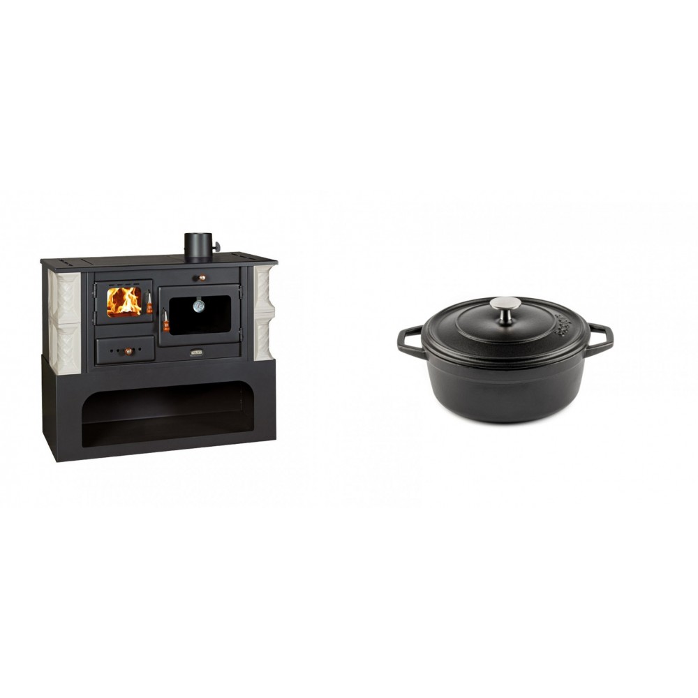 Set Küchenofen / Küchenhexe mit Backofen und Kochplatte Prity, Modell 1P34-K Alba Rechts, Keramikverkleidung, Leistung 10.1kW + Gusseisen Topf Tiefer Solagio, Black Onyx, Ф12