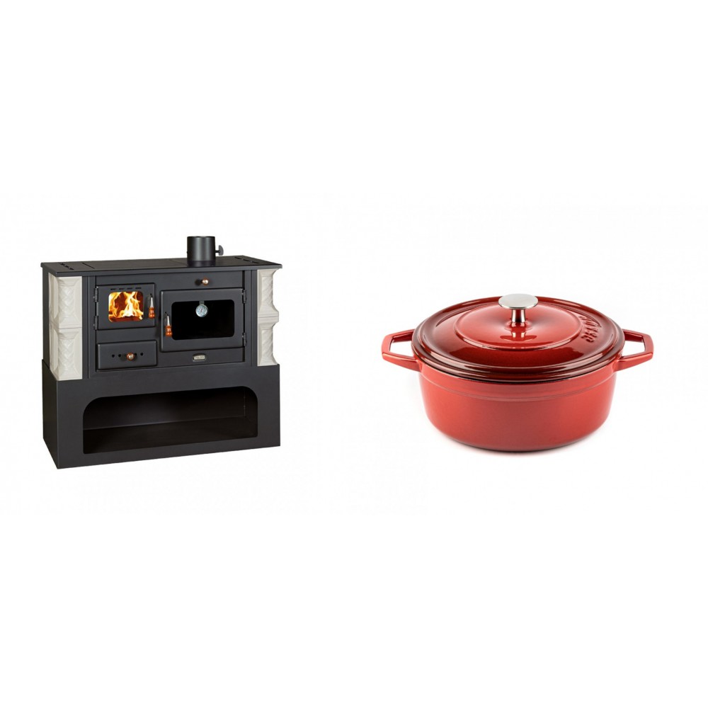 Set Küchenofen / Küchenhexe mit Backofen und Kochplatte Prity, Modell 1P34-K Alba Rechts, Keramikverkleidung, Leistung 10.1kW + Gusseisen Topf Tiefer Solagio, Rubin, Ф20 | Kaminofen - Holzofen mit Backfach | Kaminofen |