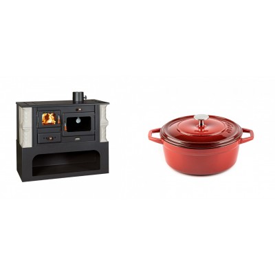 Set Küchenofen / Küchenhexe mit Backofen und Kochplatte Prity, Modell 1P34-K Alba Rechts, Keramikverkleidung, Leistung 10.1kW + Gusseisen Topf Tiefer Solagio, Rubin, Ф20 - Kaminofen - Holzofen mit Backfach