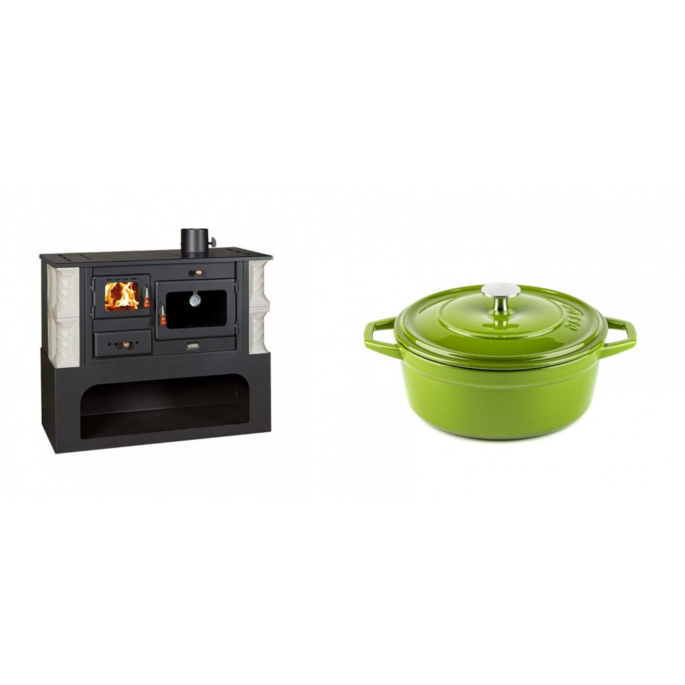 Set Küchenofen / Küchenhexe mit Backofen und Kochplatte Prity, Modell 1P34-K Alba Rechts, Keramikverkleidung, Leistung 10.1kW + Gusseisen Topf Tiefer Solagio, Bamboo, Ф20 | Kaminofen - Holzofen mit Backfach | Kaminofen |